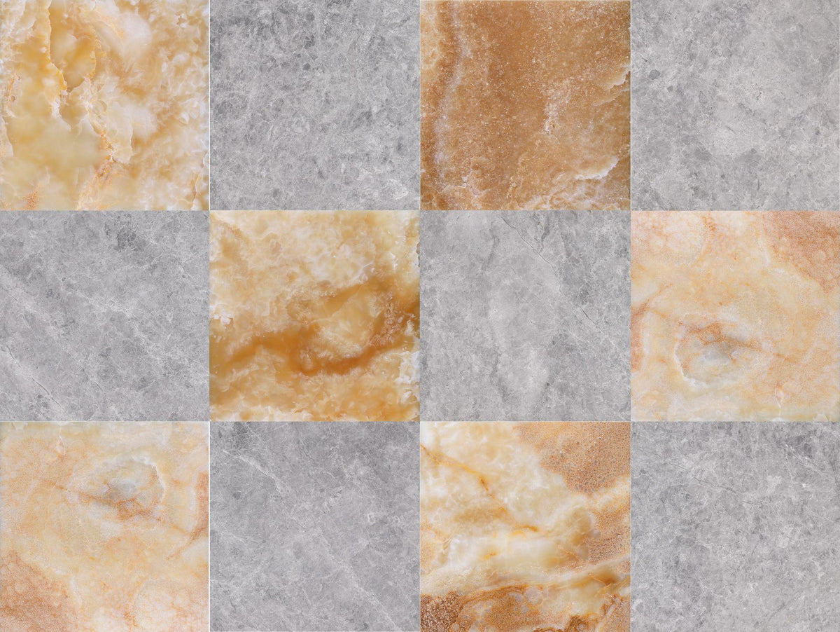 Amber Onyx Polished &amp; Tundra Blue Polished 12&#39;&#39; x 12&#39;&#39;  x 3/8&#39;&#39; Checker Board Field Tile