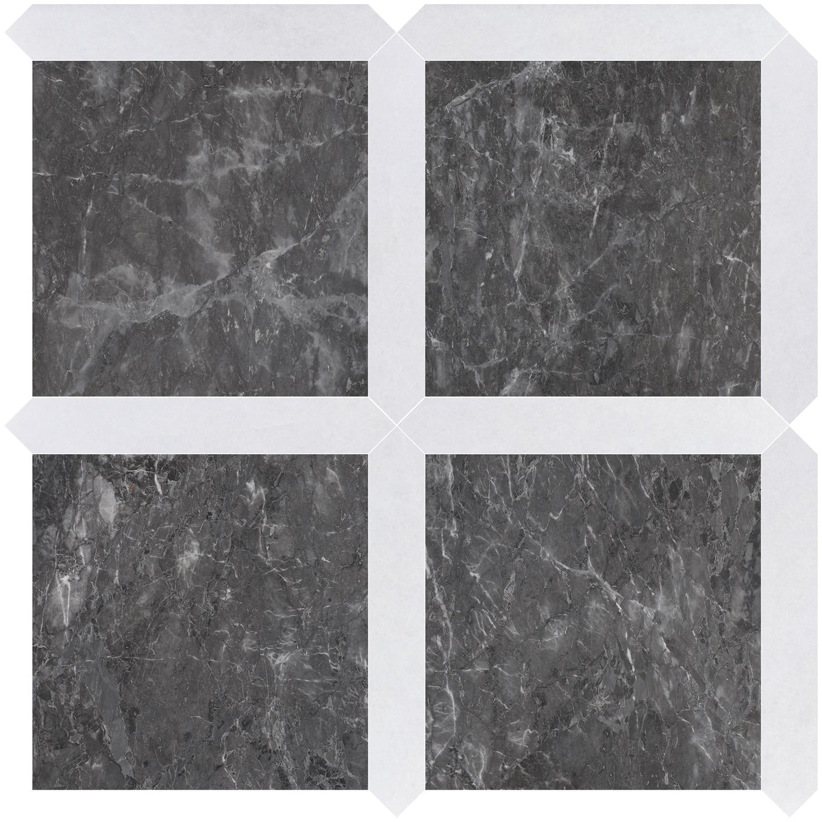 Lovina Grey Honed 12&#39;&#39; x 12&#39;&#39;  x 3/8&#39;&#39; Field Tile &amp; Afyon White Honed Picket 2&#39;&#39;x12&#39;&#39; 3/8&#39;&#39; Field Tile | Picket Square