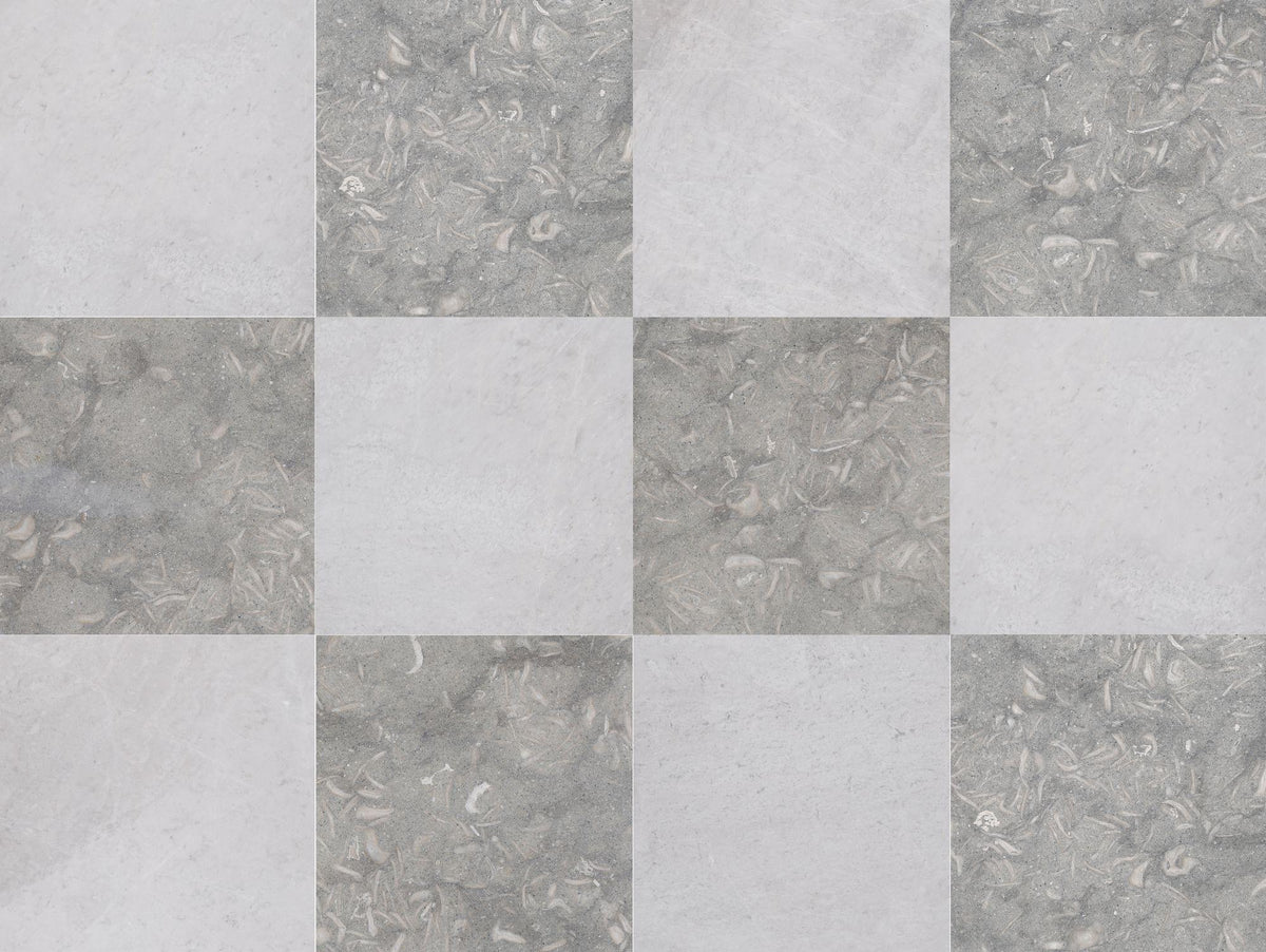 Blue Grey Satin &amp; Ice Grey Honed 12&#39;&#39; x 12&#39;&#39;  x 1/2&#39;&#39; Field Tile 12&#39;&#39; x 12&#39;&#39;  x 3/8&#39;&#39; Checker Board Field Tile