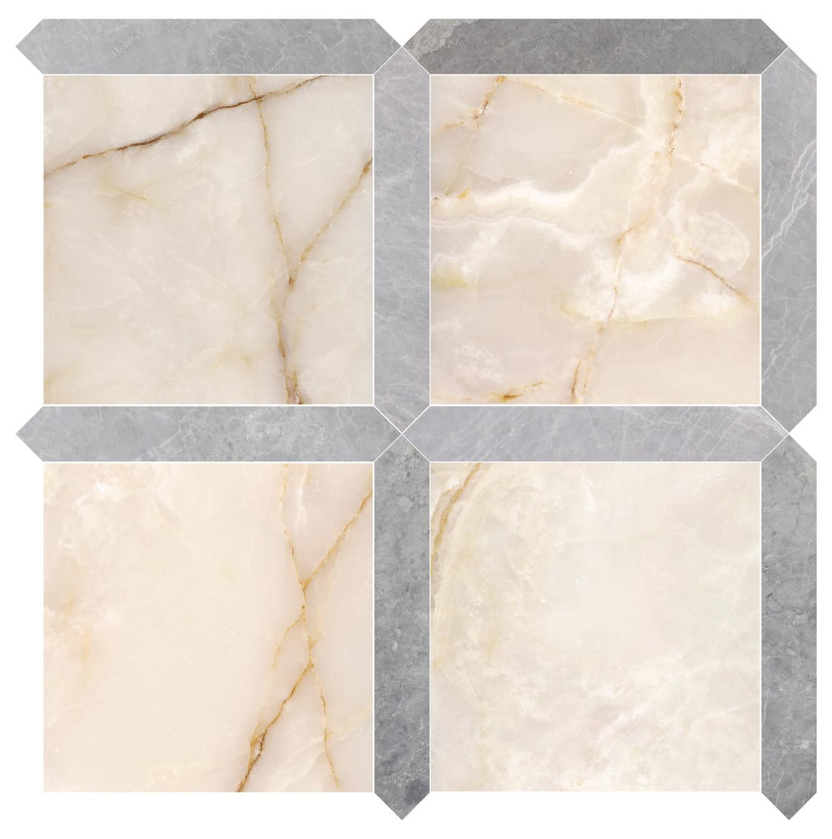 White Onyx Honed 12&#39;&#39; x 12&#39;&#39;  x 3/8&#39;&#39; Field Tile &amp; Earth Grey Honed Picket 2&#39;&#39;x12&#39;&#39; 3/8&#39;&#39; Field Tile | Picket Square