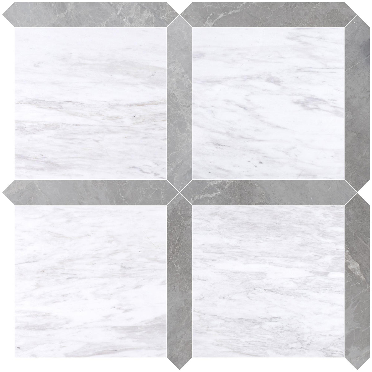 Volakas Honed 12&#39;&#39; x 12&#39;&#39;  x 3/8&#39;&#39; Field Tile &amp; Earth Grey Honed Picket 2&#39;&#39;x12&#39;&#39; 3/8&#39;&#39; Field Tile | Picket Square