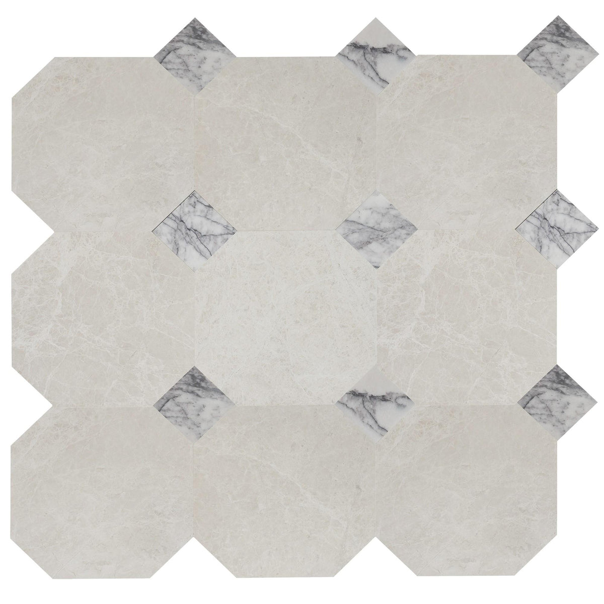 Vanillish Pearl Honed Octagon 12&#39;&#39; 3/8&#39;&#39; Field Tile &amp; Violeta Honed 4&#39;&#39; x 4&#39;&#39;  x 3/8&#39;&#39; Field Tile | Octagon with Cabochon