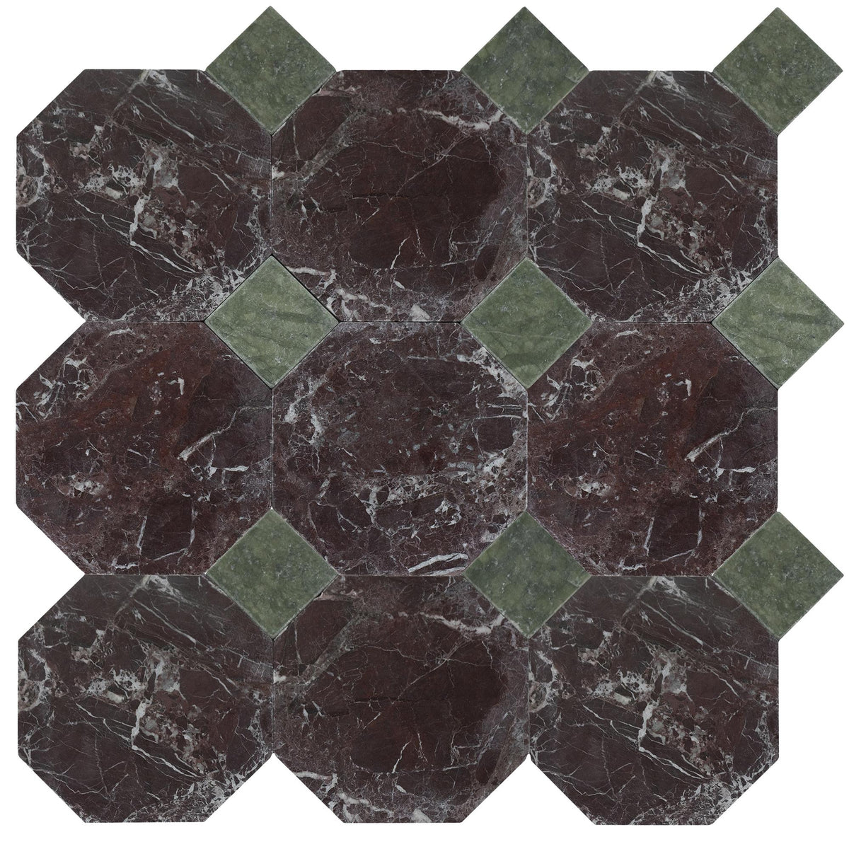 Rosso Levanto Tumbled Octagon 8&#39;&#39; 3/8&#39;&#39; Field Tile &amp; Verde Ming Tumbled 3&#39;&#39; x 3&#39;&#39;  x 3/8&#39;&#39; Field Tile | Octagon with Cabochon