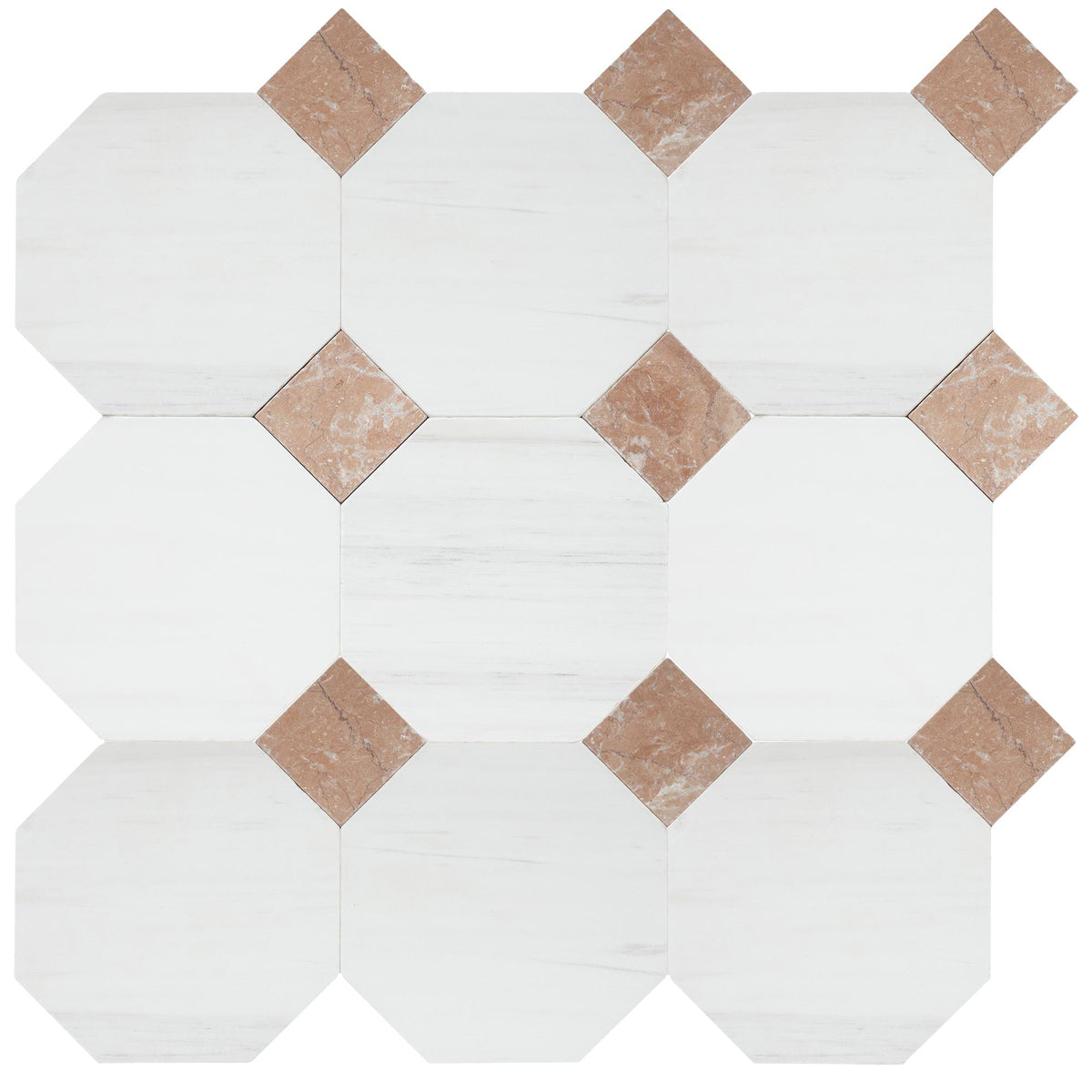 Glacier White Tumbled Octagon 8&#39;&#39; 3/8&#39;&#39; Field Tile &amp; Bellini Tumbled 3&#39;&#39; x 3&#39;&#39;  x 3/8&#39;&#39; Field Tile | Octagon with Cabochon