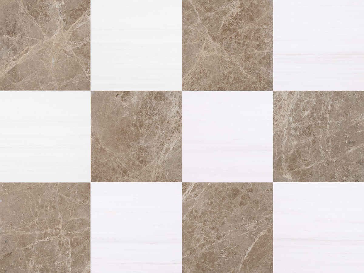 Emperador Light Polished &amp; Glacier White Polished 12&#39;&#39; x 12&#39;&#39;  x 3/8&#39;&#39; Checker Board Field Tile