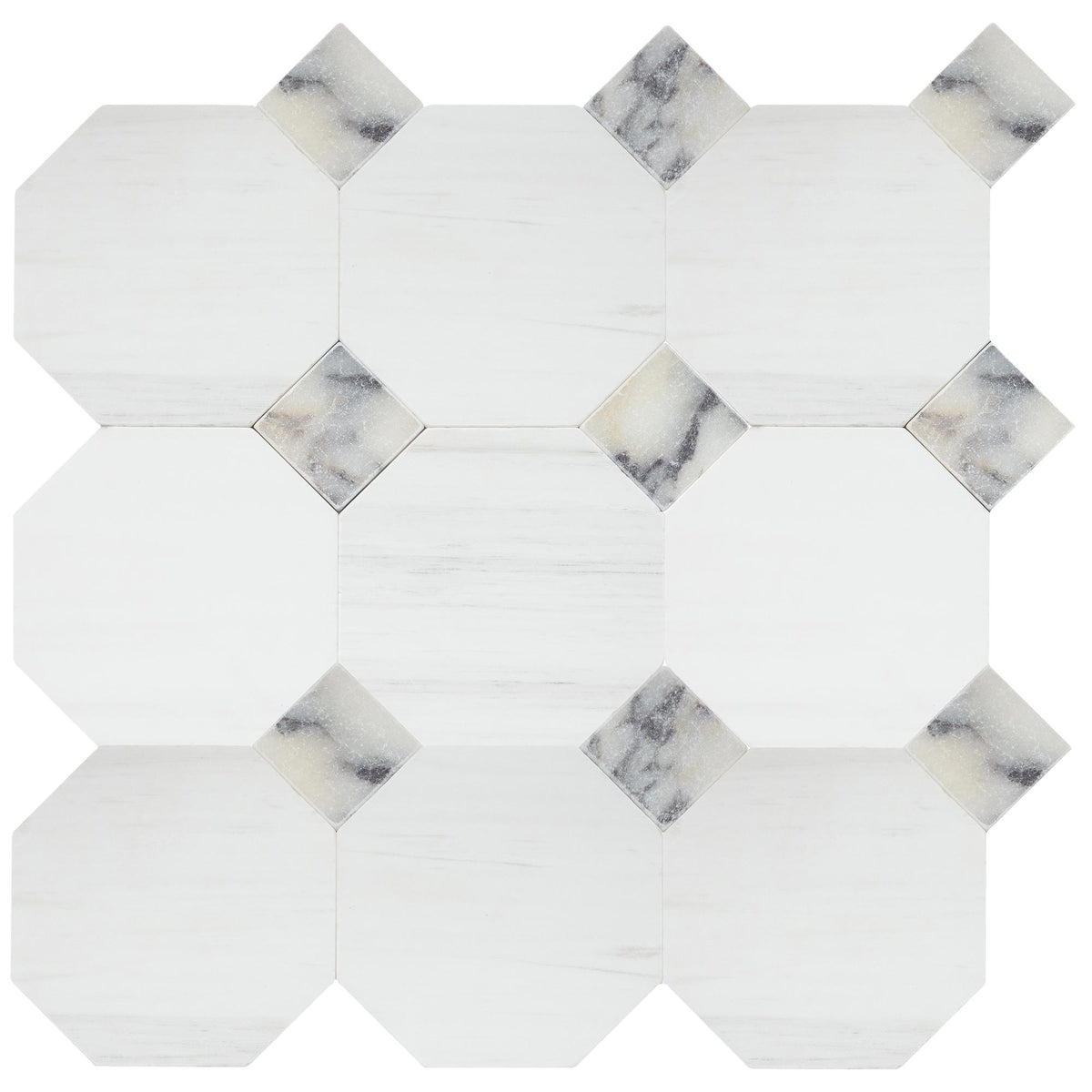 Glacier White Tumbled Octagon 8&#39;&#39; 3/8&#39;&#39; Field Tile &amp; Calacatta Viola Tumbled 3&#39;&#39; x 3&#39;&#39;  x 3/8&#39;&#39; Field Tile | Octagon with Cabochon