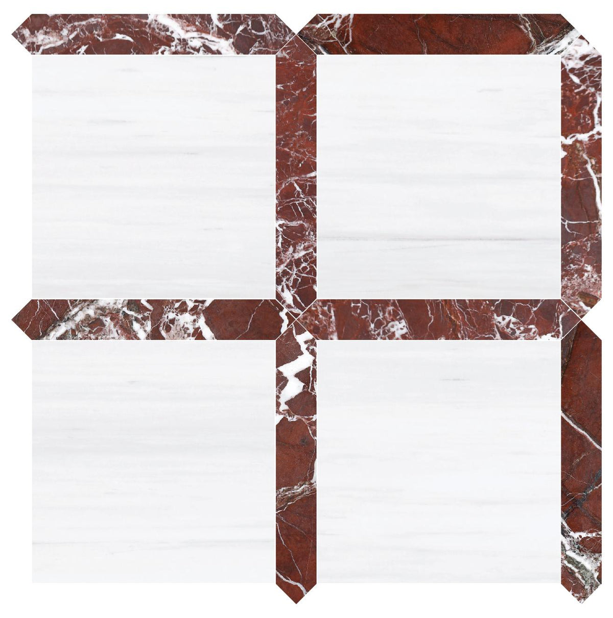 Glacier White Alanur Honed 12&#39;&#39; x 12&#39;&#39;  x 3/8&#39;&#39; Field Tile &amp; Rosso Levanto Honed Picket 2&#39;&#39;x12&#39;&#39; 3/8&#39;&#39; Field Tile | Picket Square