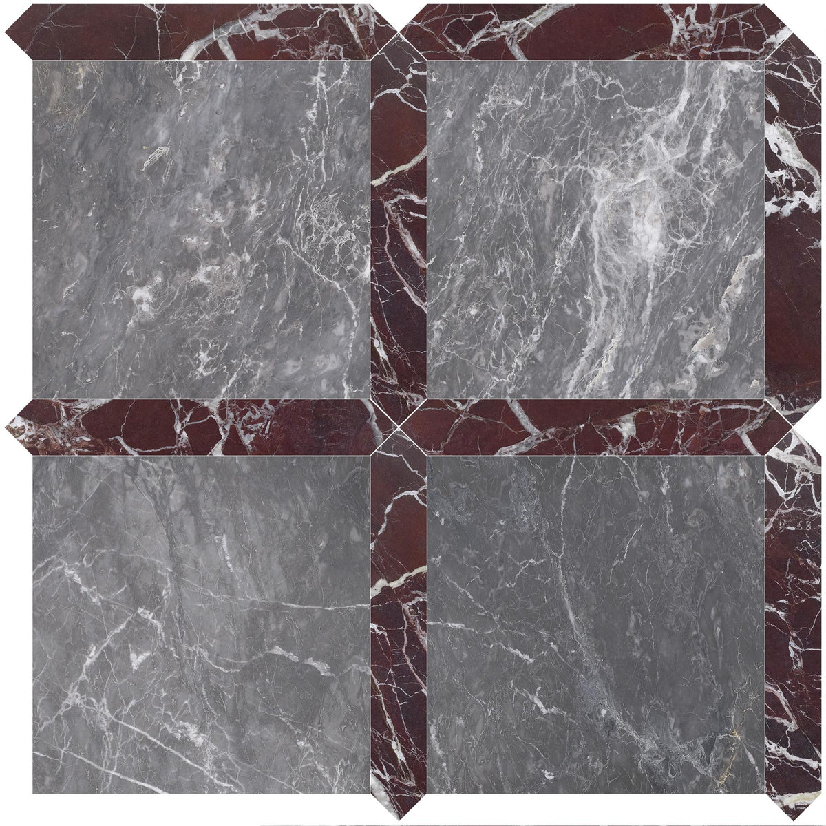 North Sky Honed 12&#39;&#39; x 12&#39;&#39;  x 3/8&#39;&#39; Field Tile &amp; Rosso Levanto Honed Picket 2&#39;&#39;x12&#39;&#39; 3/8&#39;&#39; Field Tile | Picket Square