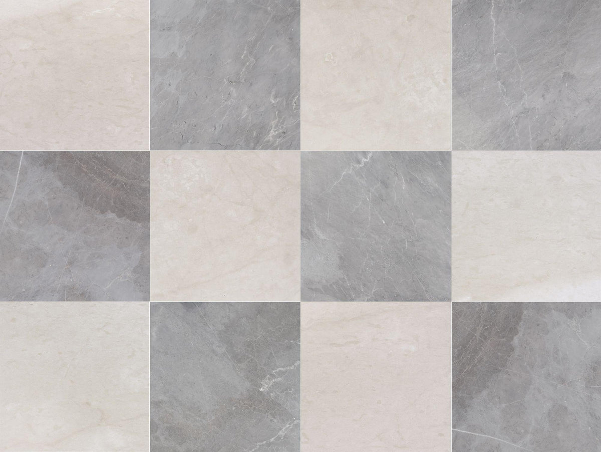 Cream Ole Honed &amp; Earth Grey Honed 18&#39;&#39; x 18&#39;&#39;  x 1/2&#39;&#39; Checker Board Field Tile