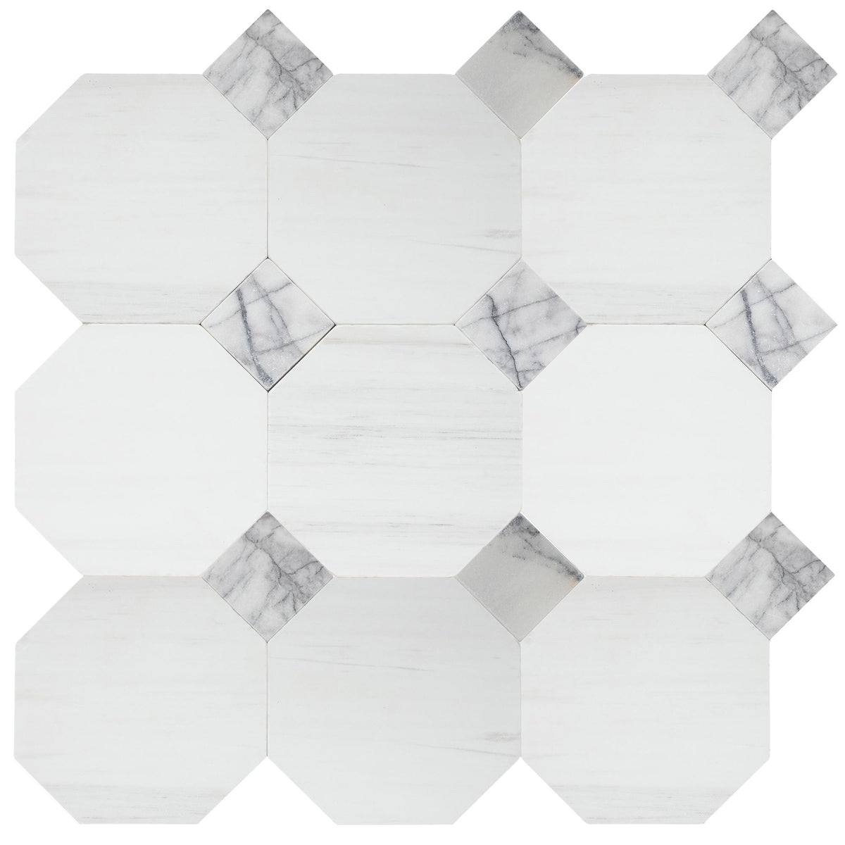 Glacier White Tumbled Octagon 8&#39;&#39; 3/8&#39;&#39; Field Tile &amp; Violeta Tumbled 3&#39;&#39; x 3&#39;&#39;  x 3/8&#39;&#39; Field Tile | Octagon with Cabochon