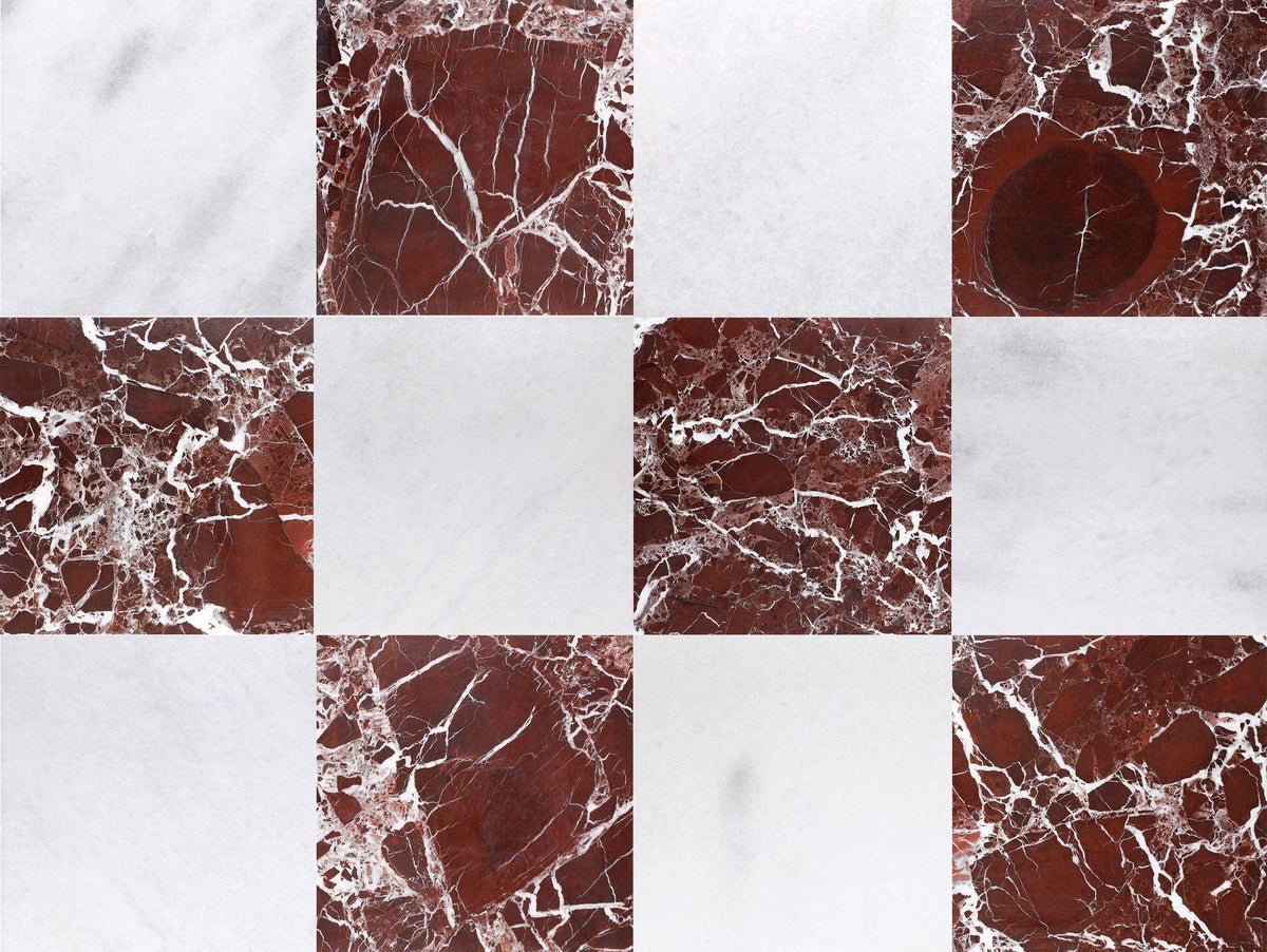 Biarritz White Polished &amp; Rosso Levanto Polished 12&#39;&#39; x 12&#39;&#39;  x 3/8&#39;&#39; Checker Board Field Tile