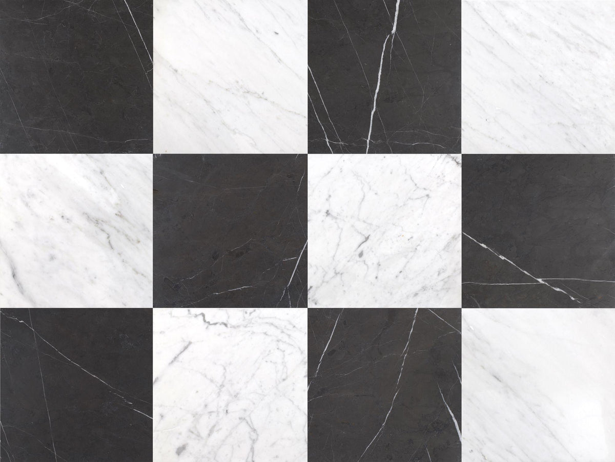 Bianco Carrara Honed &amp; Mount Grey Plain Honed 12&#39;&#39; x 12&#39;&#39;  x 3/8&#39;&#39; Checker Board Field Tile