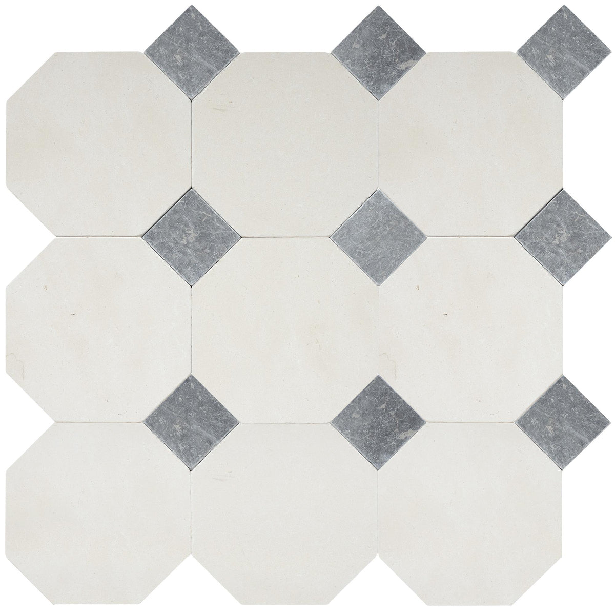 Simena Tumbled Octagon 8&#39;&#39; 3/8&#39;&#39; Field Tile &amp; Lovina Grey Tumbled 3&#39;&#39; x 3&#39;&#39;  x 3/8&#39;&#39; Field Tile | Octagon with Cabochon