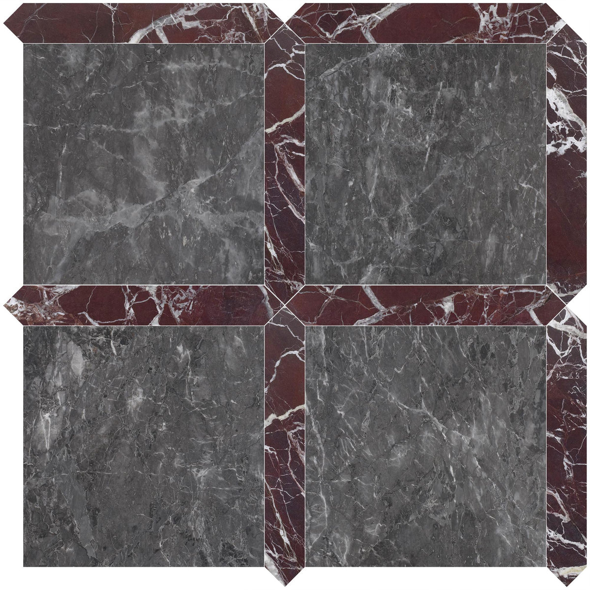 Lovina Grey Honed 12&#39;&#39; x 12&#39;&#39;  x 3/8&#39;&#39; Field Tile &amp; Rosso Levanto Honed Picket 2&#39;&#39;x12&#39;&#39; 3/8&#39;&#39; Field Tile | Picket Square