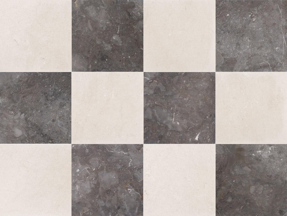 Caribbean Grey Honed &amp; Simena Honed 12&#39;&#39; x 12&#39;&#39;  x 3/8&#39;&#39; Checker Board Field Tile