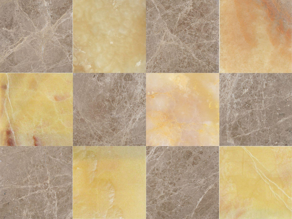 Emperador Light Polished &amp; Honey Onyx Polished 12&#39;&#39; x 12&#39;&#39;  x 3/8&#39;&#39; Checker Board Field Tile