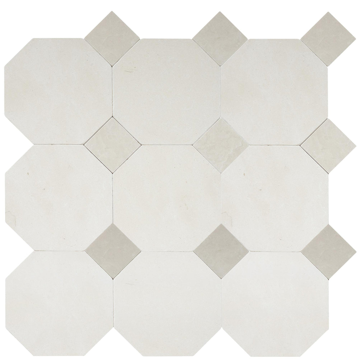 Simena Tumbled Octagon 8&#39;&#39; 3/8&#39;&#39; Field Tile &amp; Crema Ella Tumbled 3&#39;&#39; x 3&#39;&#39;  x 3/8&#39;&#39; Field Tile | Octagon with Cabochon