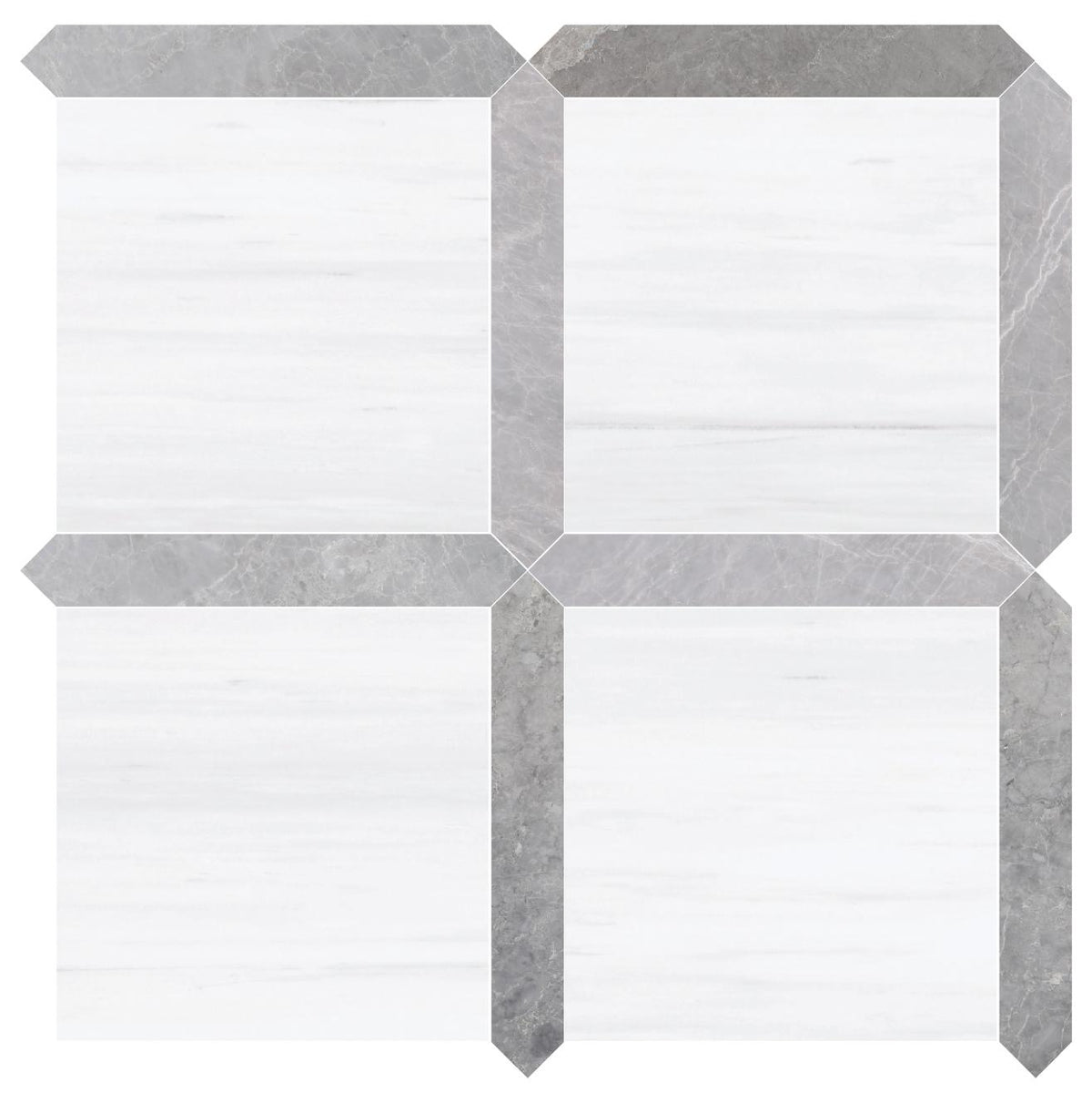 Glacier White Alanur Honed 12&#39;&#39; x 12&#39;&#39;  x 3/8&#39;&#39; Field Tile &amp; Earth Grey Honed Picket 2&#39;&#39;x12&#39;&#39; 3/8&#39;&#39; Field Tile | Picket Square