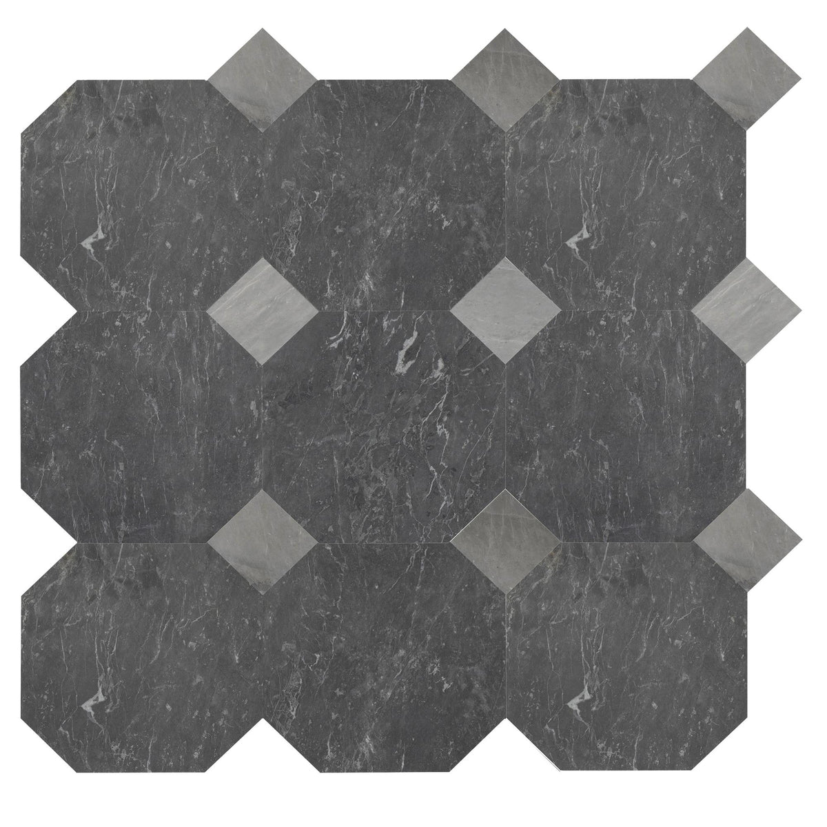 Lovina Grey Honed Octagon 12&#39;&#39; 3/8&#39;&#39; Field Tile &amp; Earth Grey Honed 4&#39;&#39; x 4&#39;&#39;  x 3/8&#39;&#39; Field Tile | Octagon with Cabochon