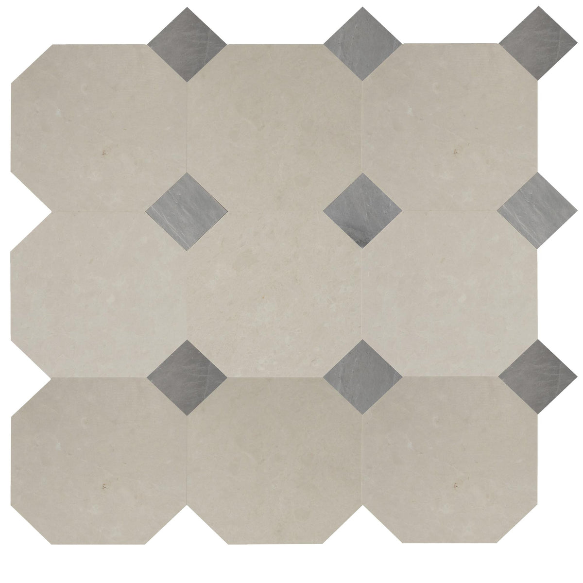 Crema Ella Honed Octagon 12&#39;&#39; 3/8&#39;&#39; Field Tile &amp; Earth Grey Honed 4&#39;&#39; x 4&#39;&#39;  x 3/8&#39;&#39; Field Tile | Octagon with Cabochon