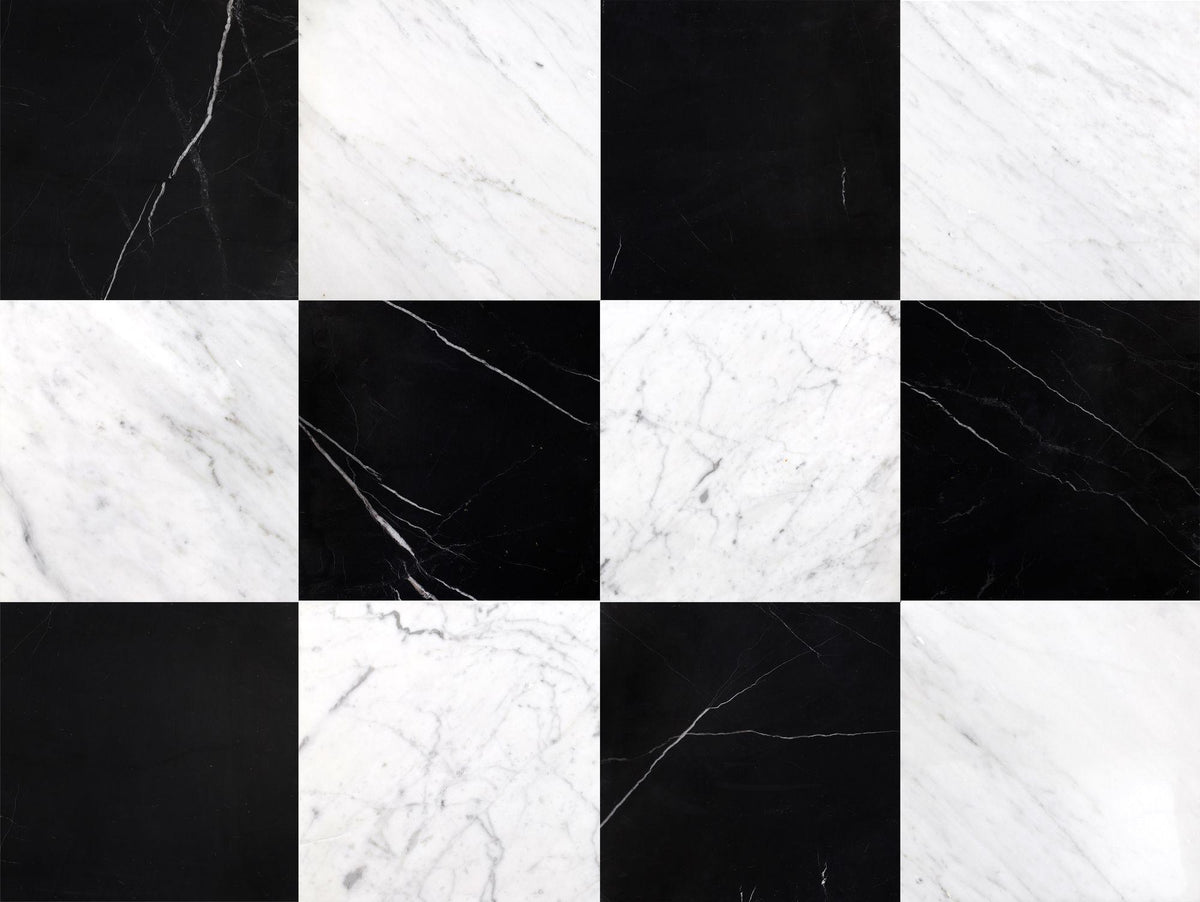 Bianco Carrara Honed &amp; Black Silk Honed 12&#39;&#39; x 12&#39;&#39;  x 3/8&#39;&#39; Checker Board Field Tile