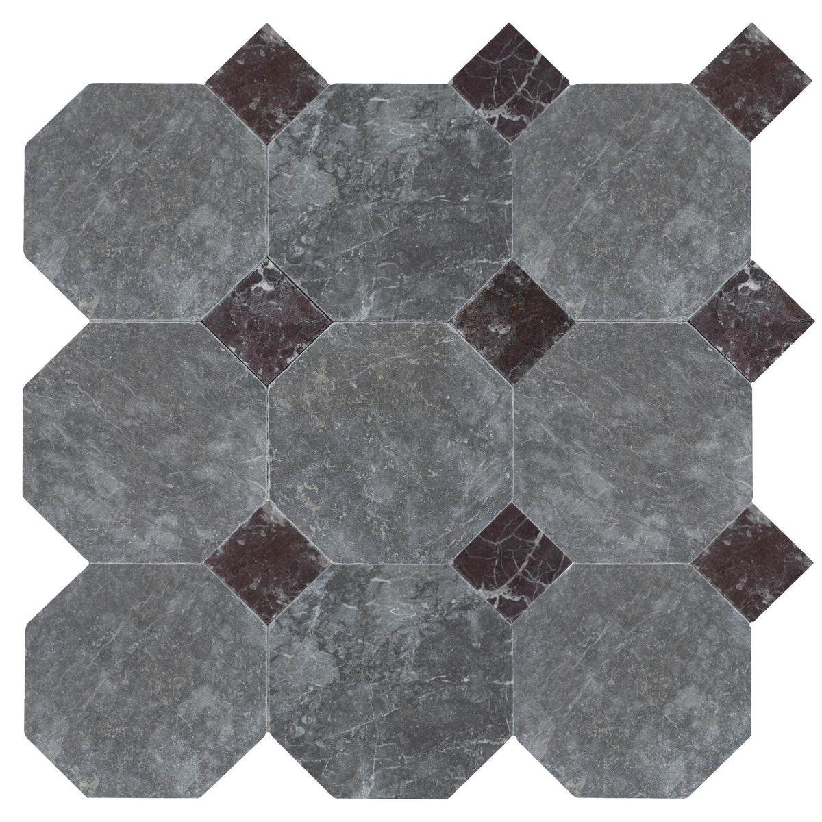 Lovina Grey Tumbled Octagon 8&#39;&#39; 3/8&#39;&#39; Field Tile &amp; Rosso Levanto Tumbled 3&#39;&#39; x 3&#39;&#39;  x 3/8&#39;&#39; Field Tile | Octagon with Cabochon