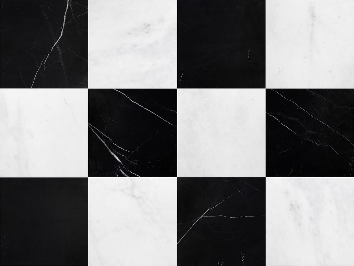 Afyon White Honed &amp; Black Silk Honed 12&#39;&#39; x 12&#39;&#39;  x 3/8&#39;&#39; Checker Board Field Tile