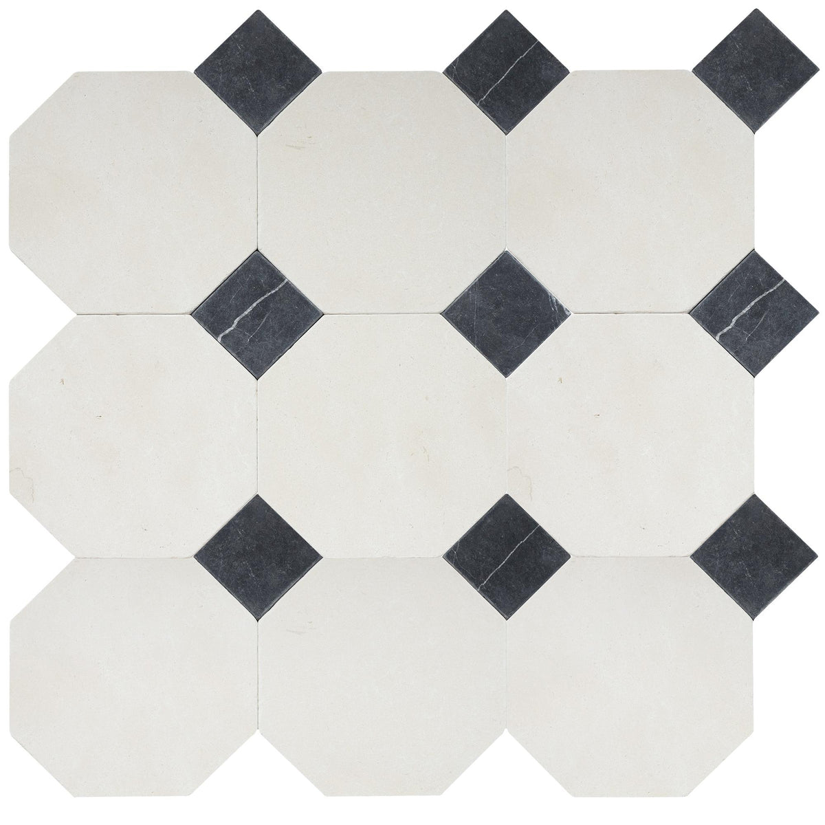 Simena Tumbled Octagon 8&#39;&#39; 3/8&#39;&#39; Field Tile &amp; Black Silk Tumbled 3&#39;&#39; x 3&#39;&#39;  x 3/8&#39;&#39; Field Tile | Octagon with Cabochon