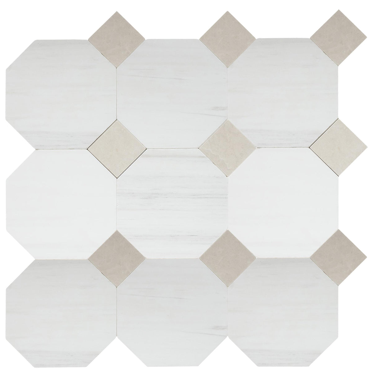 Glacier White Tumbled Octagon 8&#39;&#39; 3/8&#39;&#39; Field Tile &amp; Crema Ella Tumbled 3&#39;&#39; x 3&#39;&#39;  x 3/8&#39;&#39; Field Tile | Octagon with Cabochon