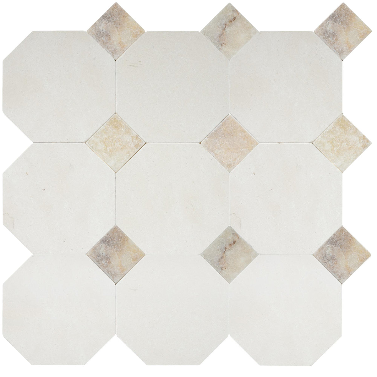 Simena Tumbled Octagon 8&#39;&#39; 3/8&#39;&#39; Field Tile &amp; Amber Onyx Tumbled 3&#39;&#39; x 3&#39;&#39;  x 3/8&#39;&#39; Field Tile | Octagon with Cabochon