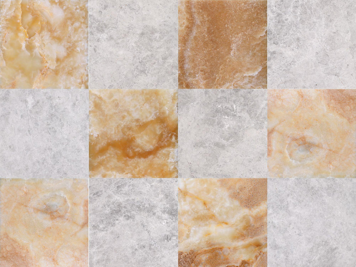 Amber Onyx Polished &amp; Tundra Grey Polished 12&#39;&#39; x 12&#39;&#39;  x 3/8&#39;&#39; Checker Board Field Tile