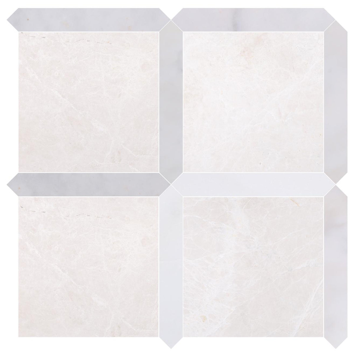 Moon Cream Honed 12&#39;&#39; x 12&#39;&#39;  x 3/8&#39;&#39; Field Tile &amp; Afyon White Honed Picket 2&#39;&#39;x12&#39;&#39; 3/8&#39;&#39; Field Tile | Picket Square
