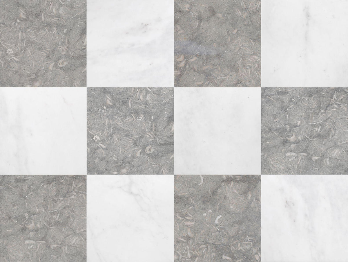 Afyon White Polished &amp; Blue Grey Satin 12&#39;&#39; x 12&#39;&#39;  x 3/8&#39;&#39; Checker Board Field Tile