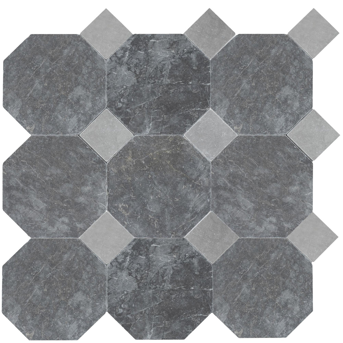 Lovina Grey Tumbled Octagon 8&#39;&#39; 3/8&#39;&#39; Field Tile &amp; Earth Grey Tumbled 3&#39;&#39; x 3&#39;&#39;  x 3/8&#39;&#39; Field Tile | Octagon with Cabochon