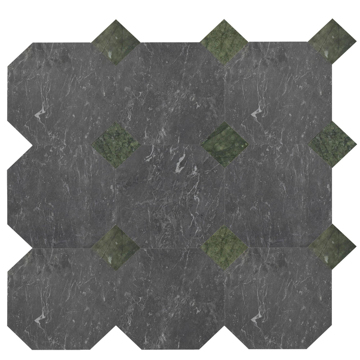 Lovina Grey Honed Octagon 12&#39;&#39; 3/8&#39;&#39; Field Tile &amp; Verde Ming Honed 4&#39;&#39; x 4&#39;&#39;  x 3/8&#39;&#39; Field Tile | Octagon with Cabochon