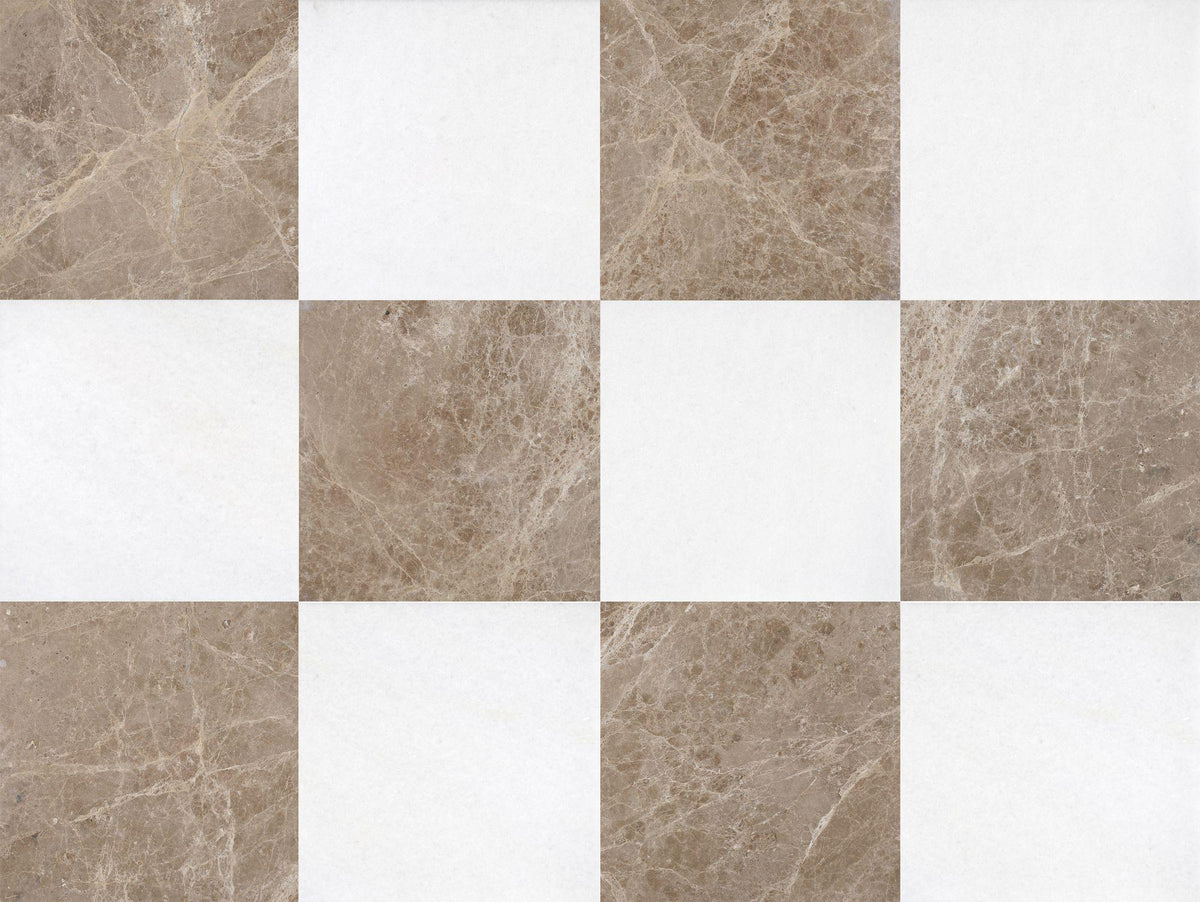 Emperador Light Polished &amp; Snow White Polished 12&#39;&#39; x 12&#39;&#39;  x 3/8&#39;&#39; Checker Board Field Tile