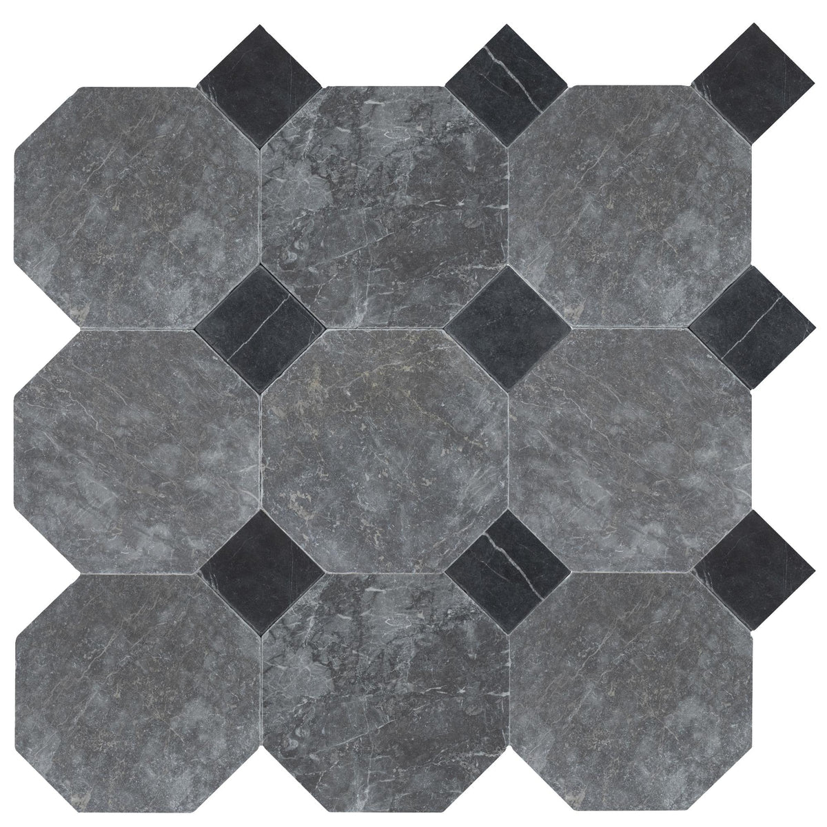 Lovina Grey Tumbled Octagon 8&#39;&#39; 3/8&#39;&#39; Field Tile &amp; Black Silk Tumbled 3&#39;&#39; x 3&#39;&#39;  x 3/8&#39;&#39; Field Tile | Octagon with Cabochon