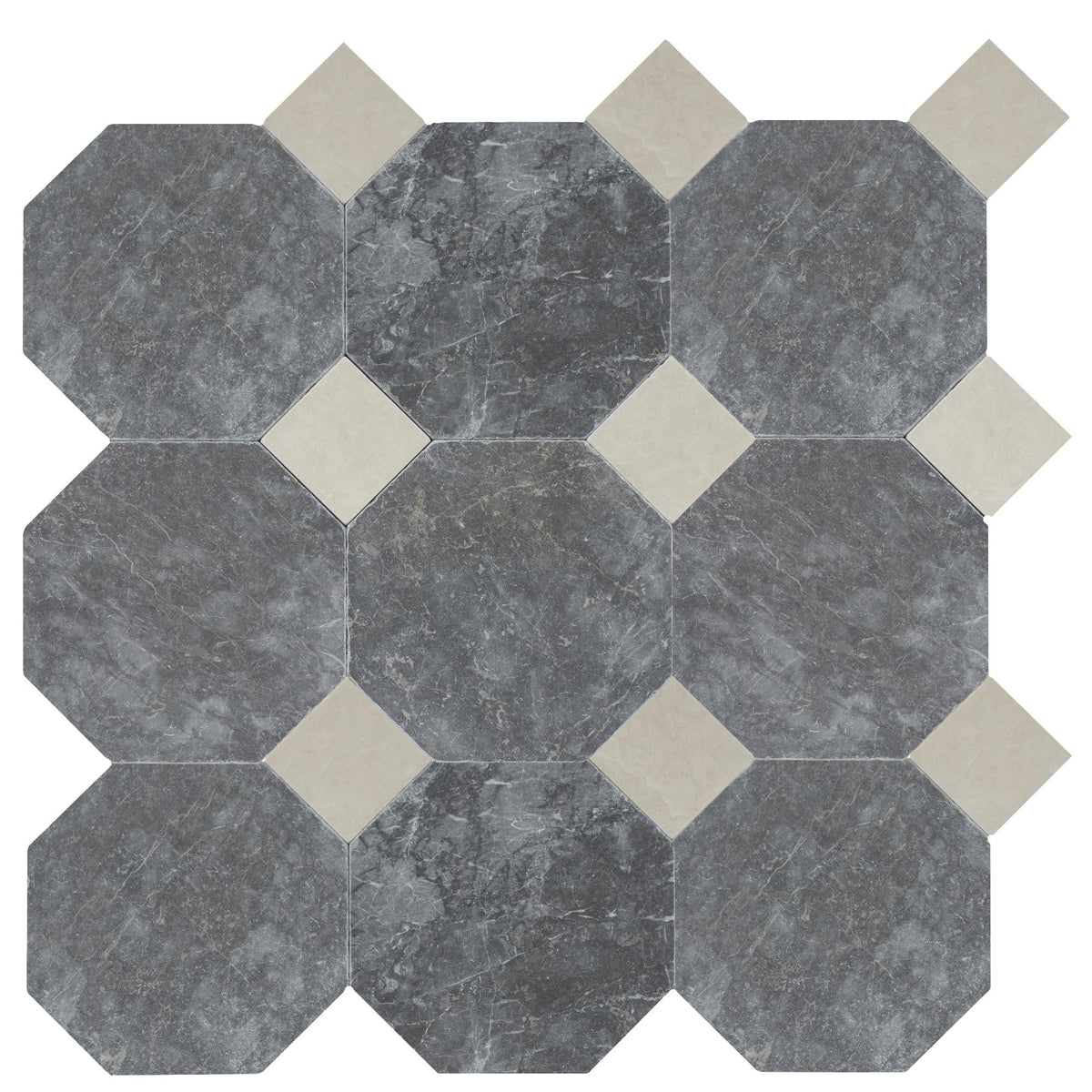 Lovina Grey Tumbled Octagon 8&#39;&#39; 3/8&#39;&#39; Field Tile &amp; Crema Ella Tumbled 3&#39;&#39; x 3&#39;&#39;  x 3/8&#39;&#39; Field Tile | Octagon with Cabochon