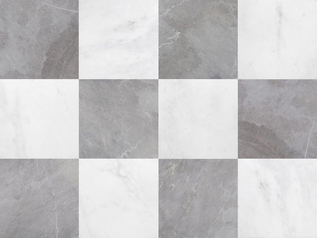 Afyon White Honed &amp; Earth Grey Honed 12&#39;&#39; x 12&#39;&#39;  x 3/8&#39;&#39; Checker Board Field Tile