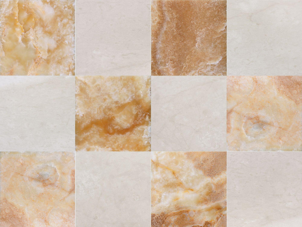 Amber Onyx Polished &amp; Cream Ole Polished 12&#39;&#39; x 12&#39;&#39;  x 3/8&#39;&#39; Checker Board Field Tile