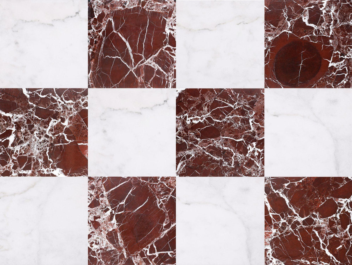 Alba Vera Polished &amp; Rosso Levanto Polished 12&#39;&#39; x 12&#39;&#39;  x 3/8&#39;&#39; Checker Board Field Tile