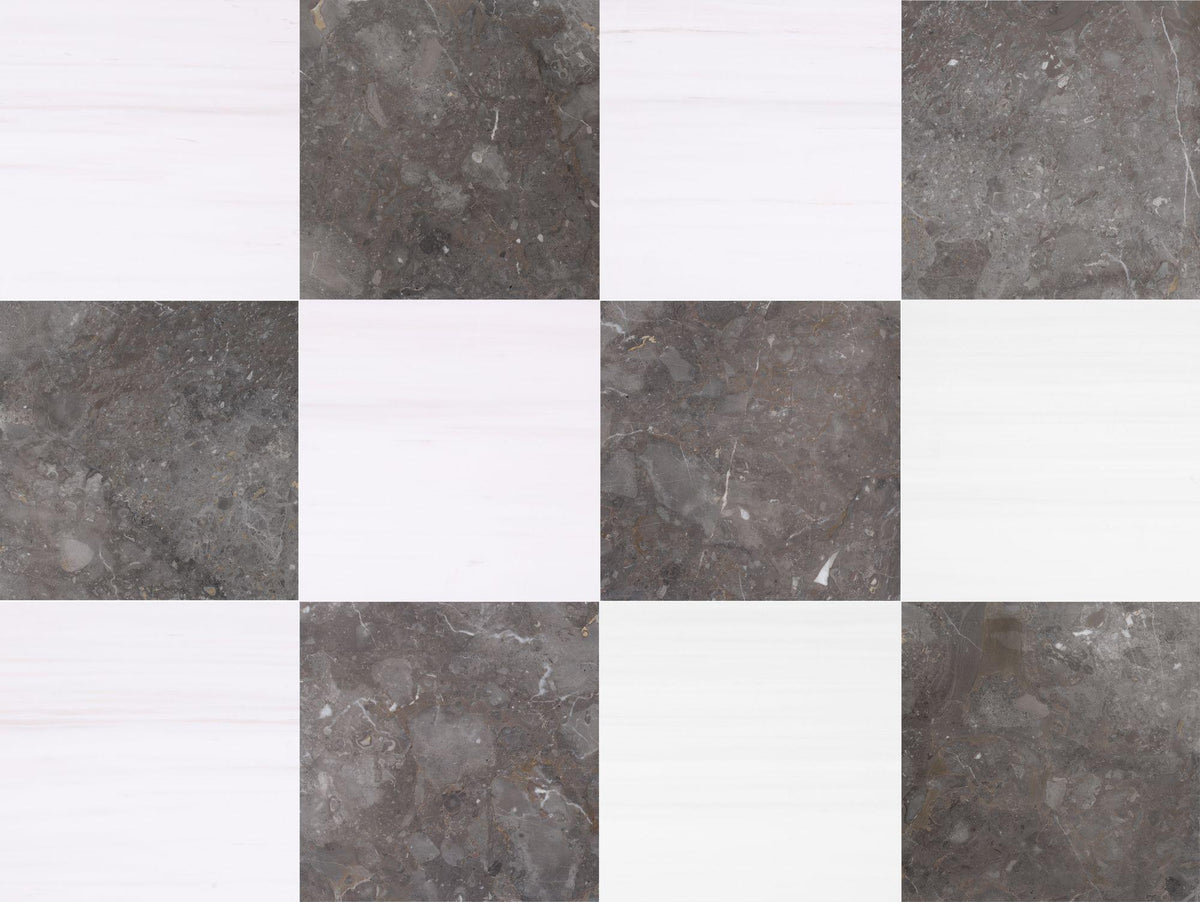 Caribbean Grey Honed &amp; Glacier White Select Honed 12&#39;&#39; x 12&#39;&#39;  x 3/8&#39;&#39; Checker Board Field Tile