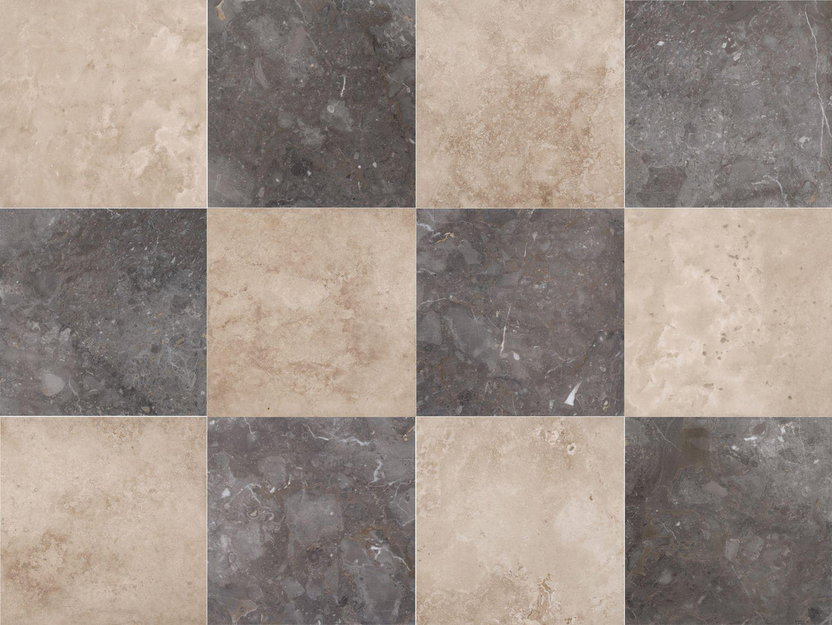 Caribbean Grey Honed &amp; Walnut CC H/F (Honed Filled) 12&#39;&#39; x 12&#39;&#39;  x 3/8&#39;&#39; Checker Board Field Tile