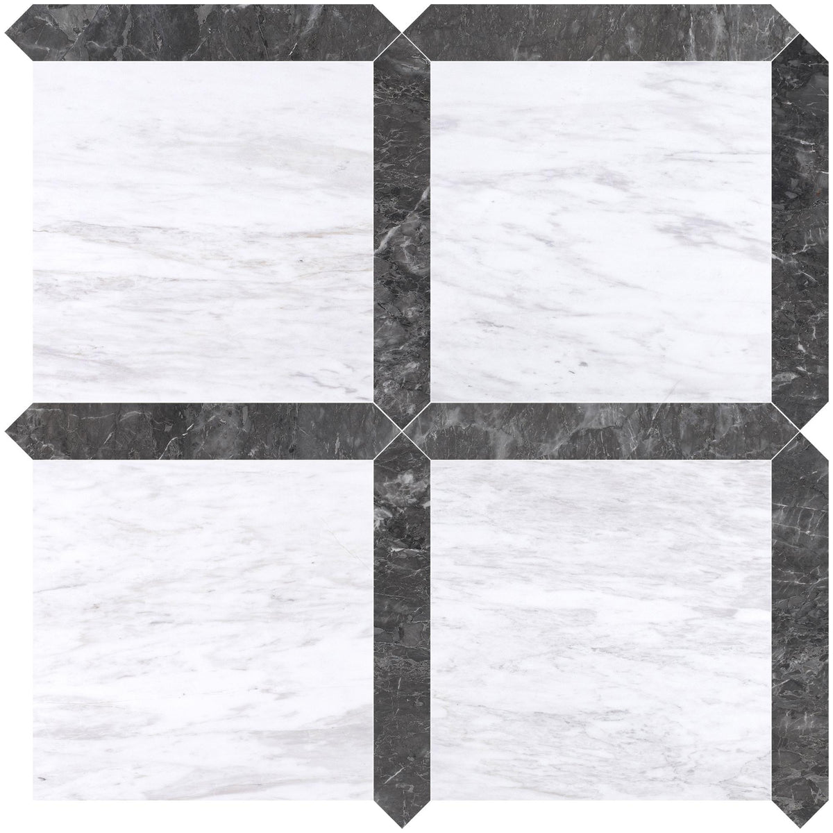 Volakas Honed 12&#39;&#39; x 12&#39;&#39;  x 3/8&#39;&#39; Field Tile &amp; Lovina Grey Honed Picket 2&#39;&#39;x12&#39;&#39; 3/8&#39;&#39; Field Tile | Picket Square