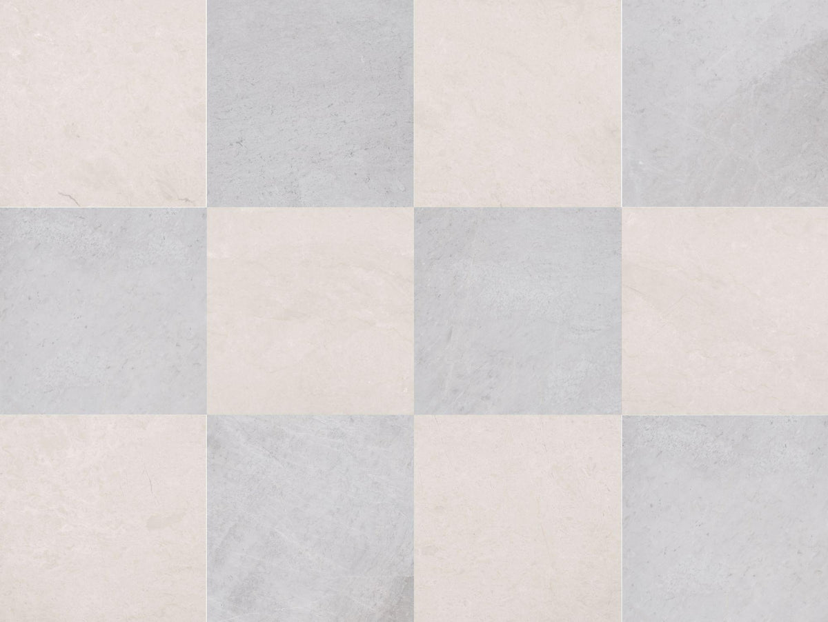 Crema Ella Honed &amp; Ice Grey Honed 12&#39;&#39; x 12&#39;&#39;  x 3/8&#39;&#39; Checker Board Field Tile