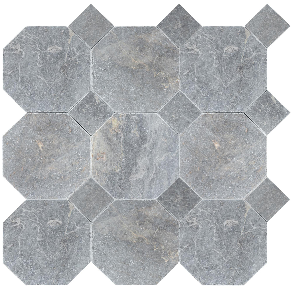 North Sky Tumbled Octagon 8&#39;&#39; 3/8&#39;&#39; Field Tile &amp; Lovina Grey Tumbled 3&#39;&#39; x 3&#39;&#39;  x 3/8&#39;&#39; Field Tile | Octagon with Cabochon