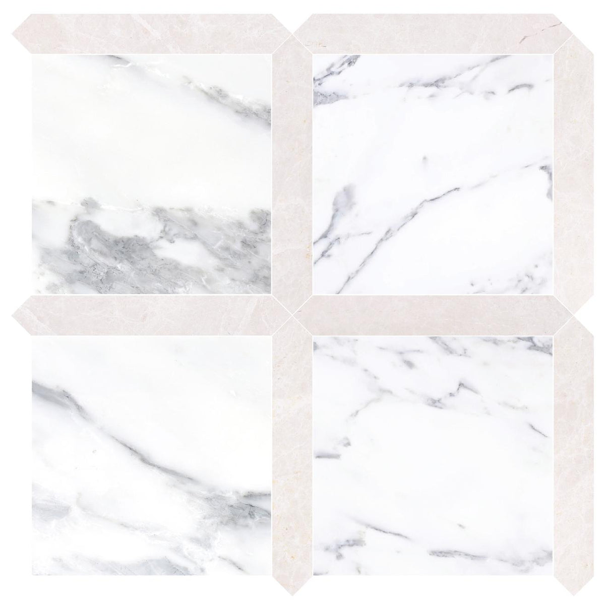 Statuario Honed 12&#39;&#39; x 12&#39;&#39;  x 3/8&#39;&#39; Field Tile &amp; Vanillish Pearl Honed Picket 2&#39;&#39;x12&#39;&#39; 3/8&#39;&#39; Field Tile | Picket Square