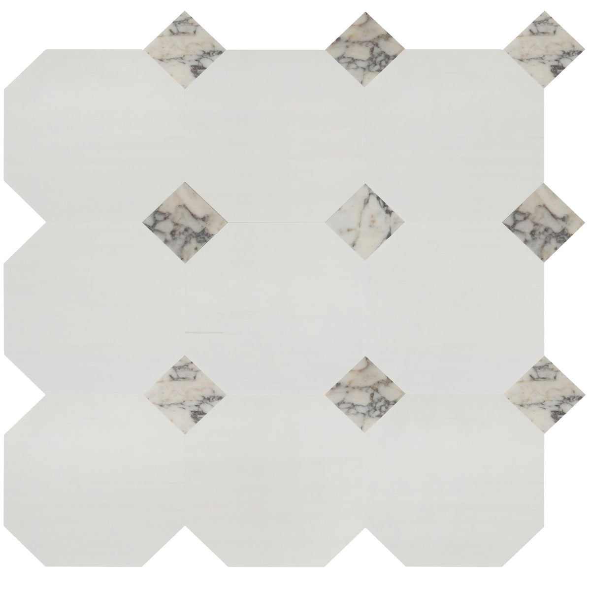 Glacier White Honed Octagon 12&#39;&#39; 3/8&#39;&#39; Field Tile &amp; Calacatta Viola Honed 4&#39;&#39; x 4&#39;&#39;  x 3/8&#39;&#39; Field Tile | Octagon with Cabochon