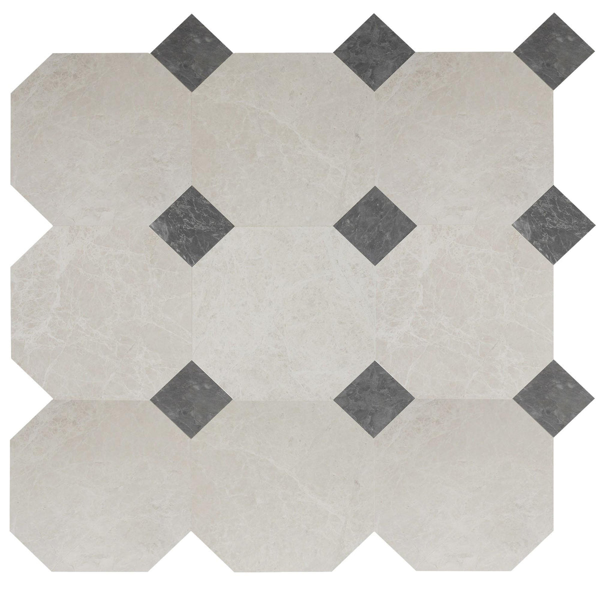 Vanillish Pearl Honed Octagon 12&#39;&#39; 3/8&#39;&#39; Field Tile &amp; Lovina Grey Honed 4&#39;&#39; x 4&#39;&#39;  x 3/8&#39;&#39; Field Tile | Octagon with Cabochon