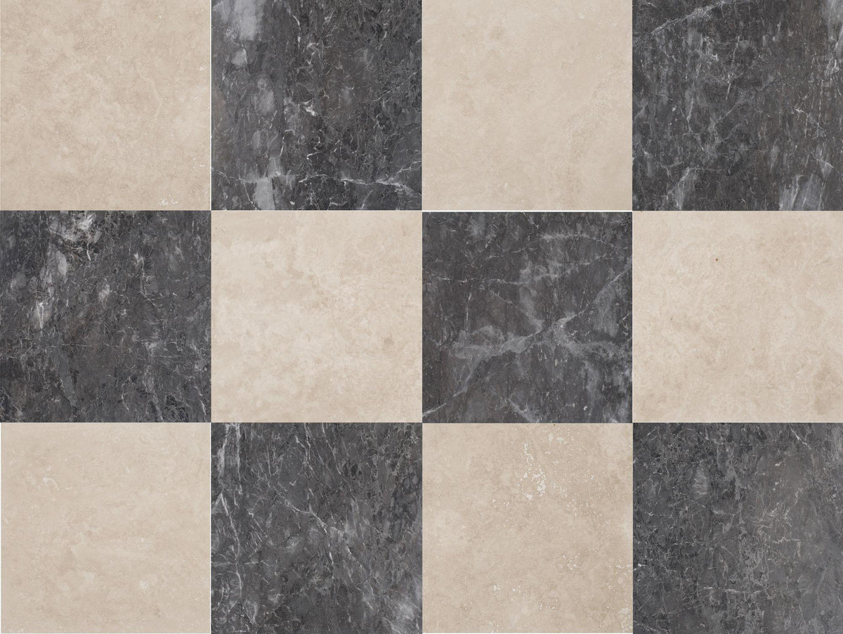 Classic Light CC Honed &amp; Lovina Grey Honed 18&#39;&#39; x 18&#39;&#39;  x 1/2&#39;&#39; Checker Board Field Tile